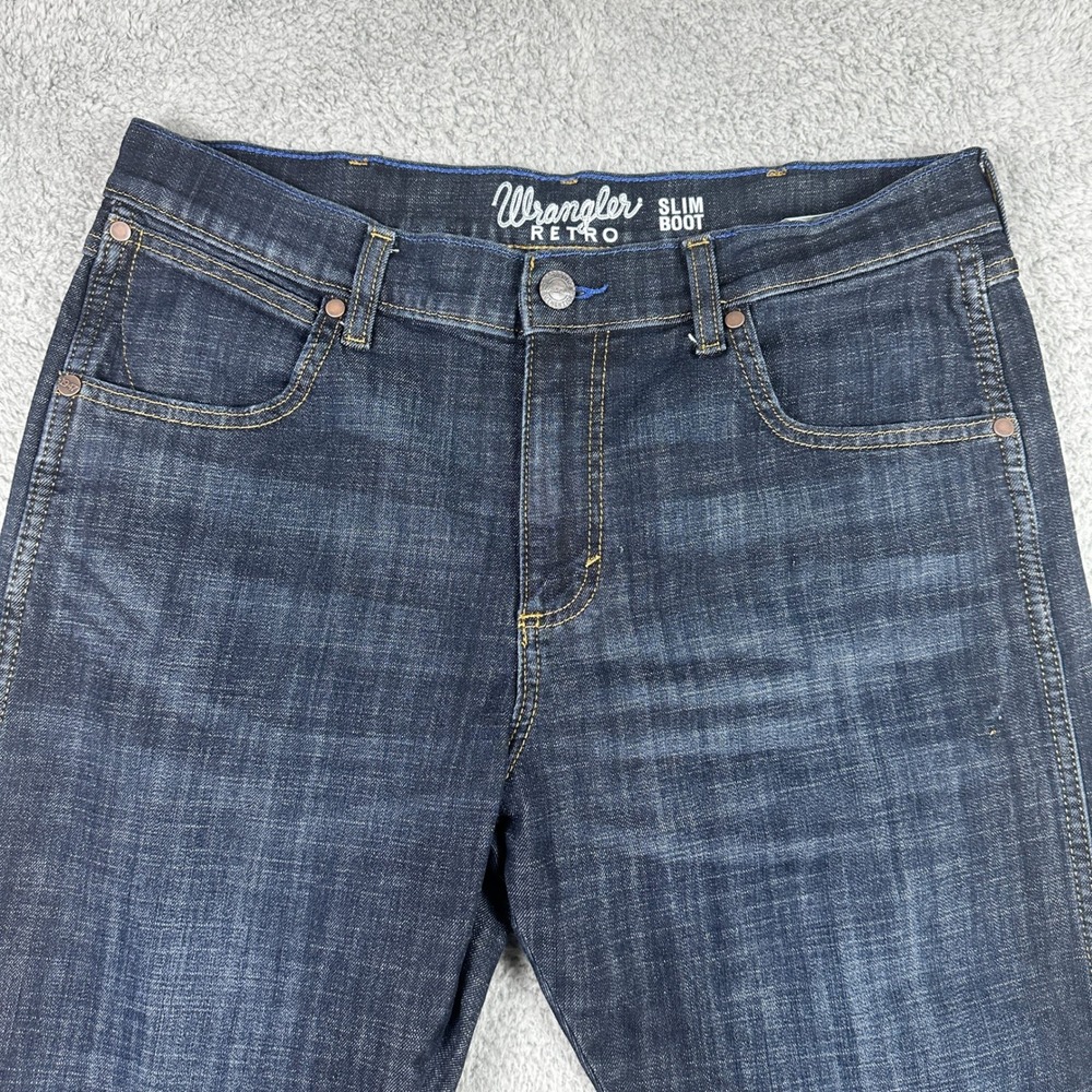 Wrangler Retro Slim Boot Jeans Mens 34x30 Dark Blue Denim Stretch Western Cowboy - Picture 4 of 10